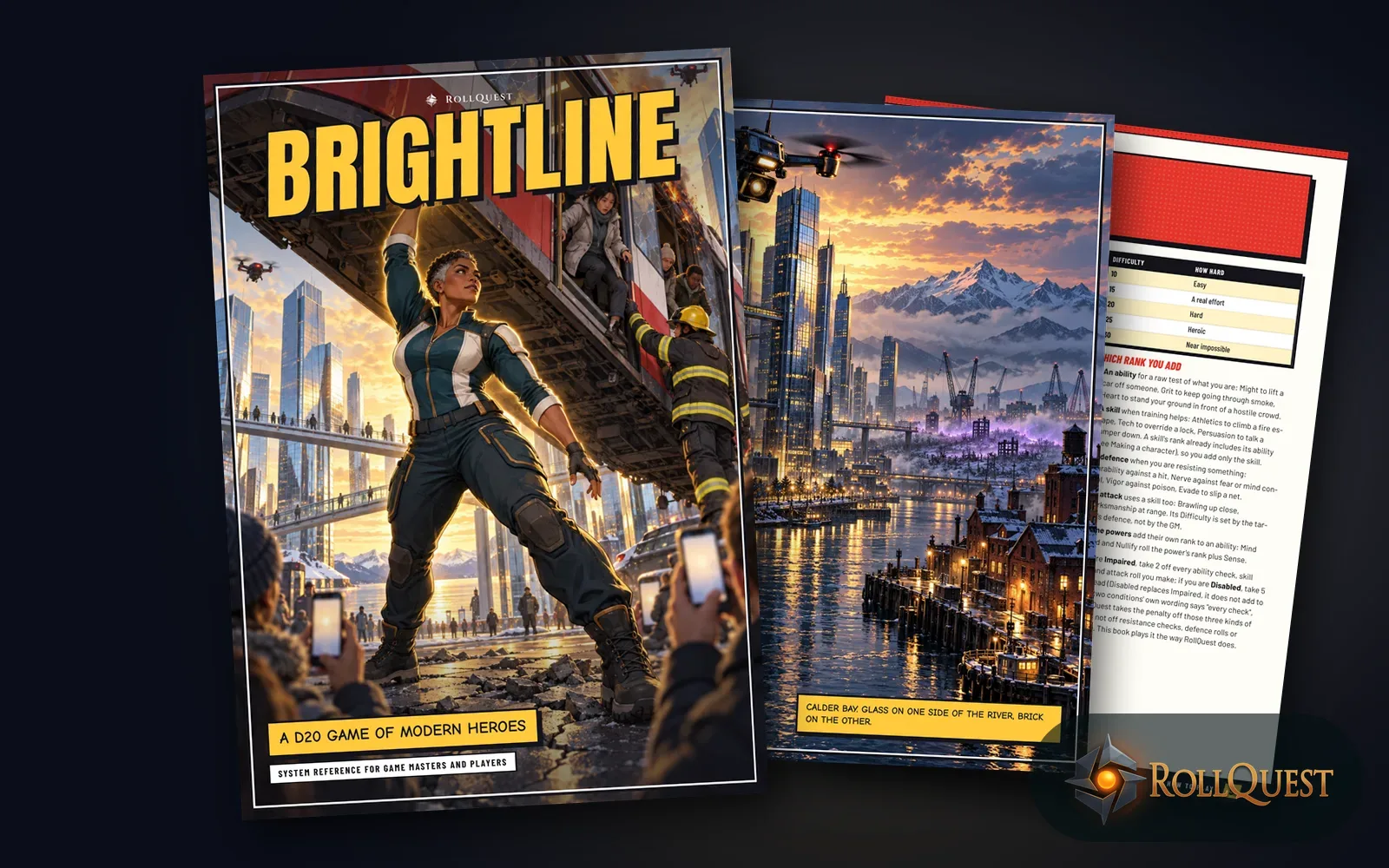 The Brightline rulebook: its cover, a hero holding up a derailed train while the crowd films, in front of a page of Calder Bay at dusk and the How to Play chapter