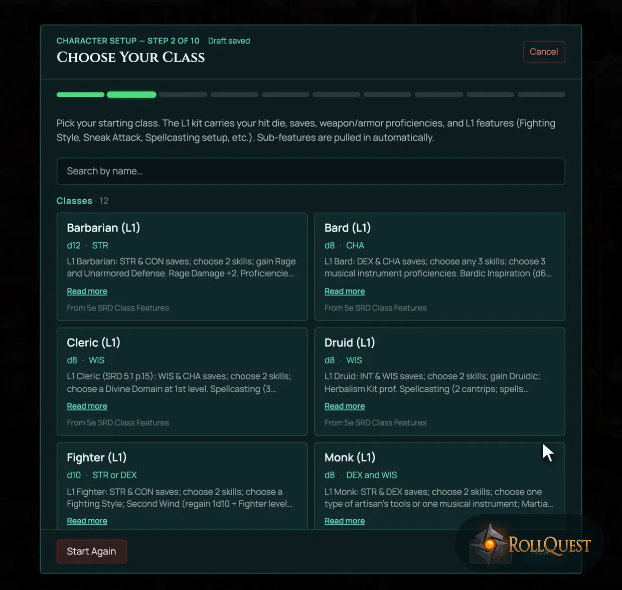 The RollQuest character builder on Choose Your Class for a 5e character, with Barbarian, Bard, Cleric, Druid, Fighter and Monk cards drawn from the SRD 5.1 class features