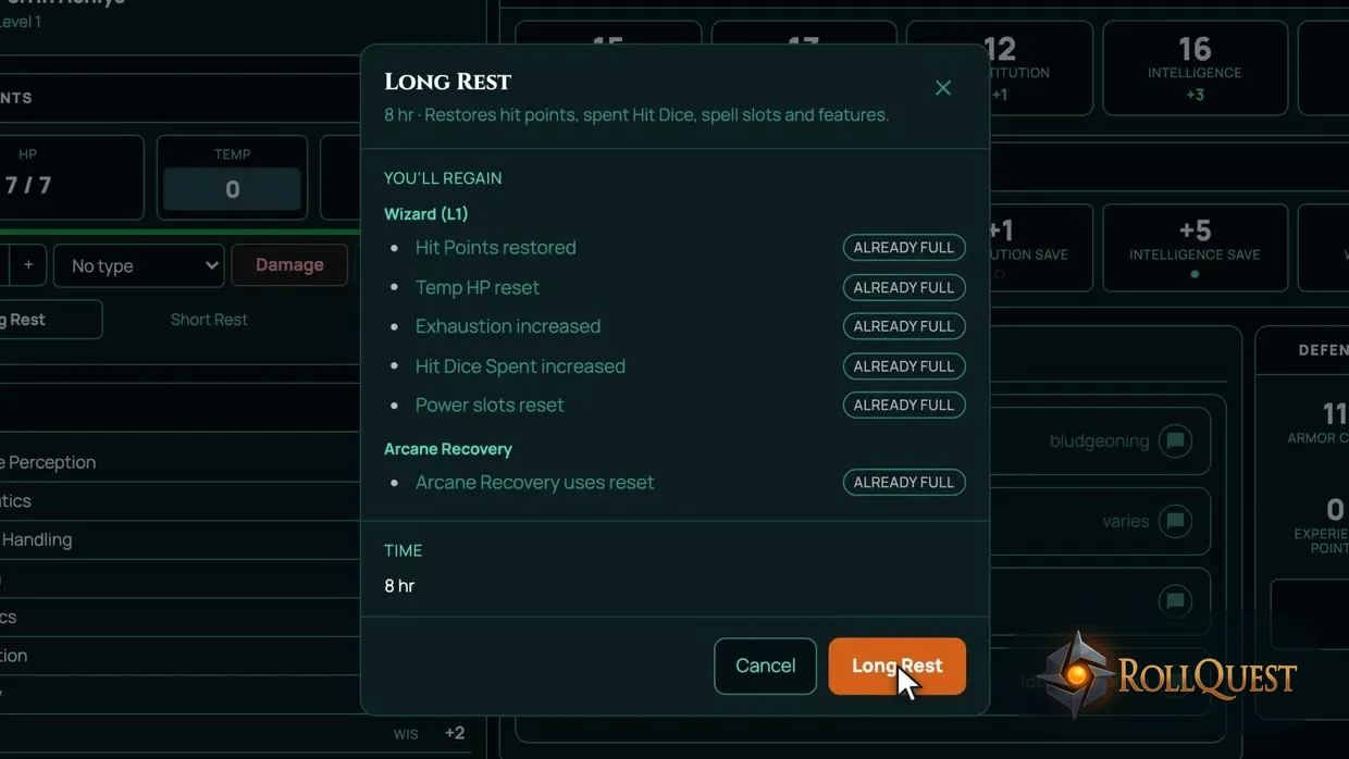 The Long Rest preview on a RollQuest character sheet, listing what comes back before you confirm: hit points, hit dice, spell slots and Arcane Recovery