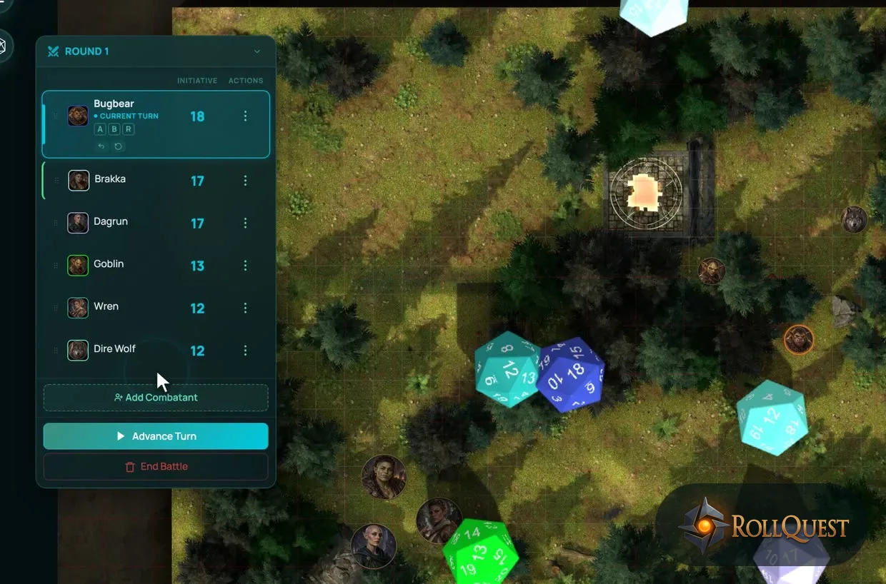 Initiative rolled in RollQuest: the combat tracker listing a bugbear, goblins, a dire wolf and the party in order while the dice settle on a forest map