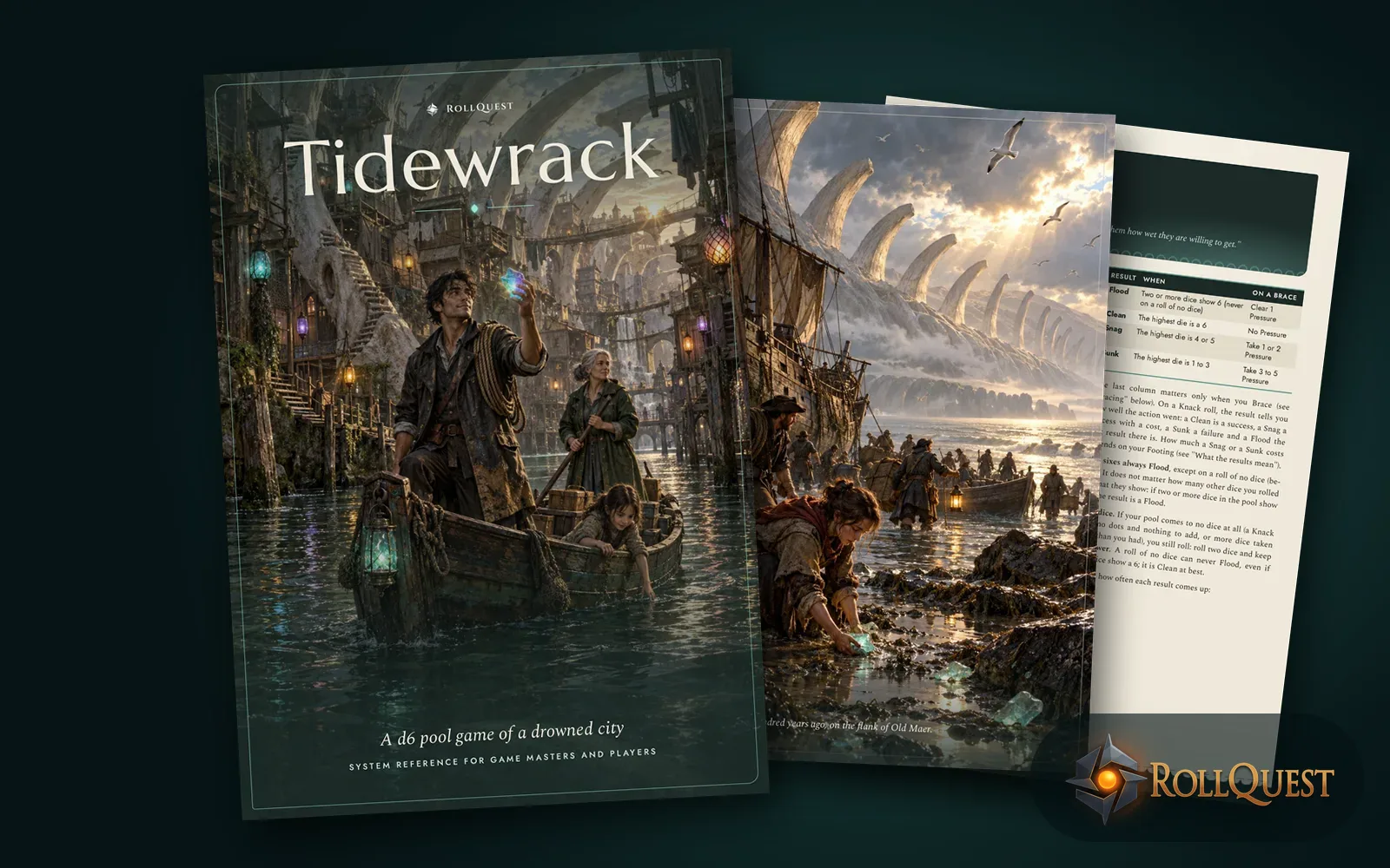 The Drownwake rulebook: its cover, a crew poling a boat through a flooded canal city, in front of a page of the drowned god's ribs and the How to Play chapter
