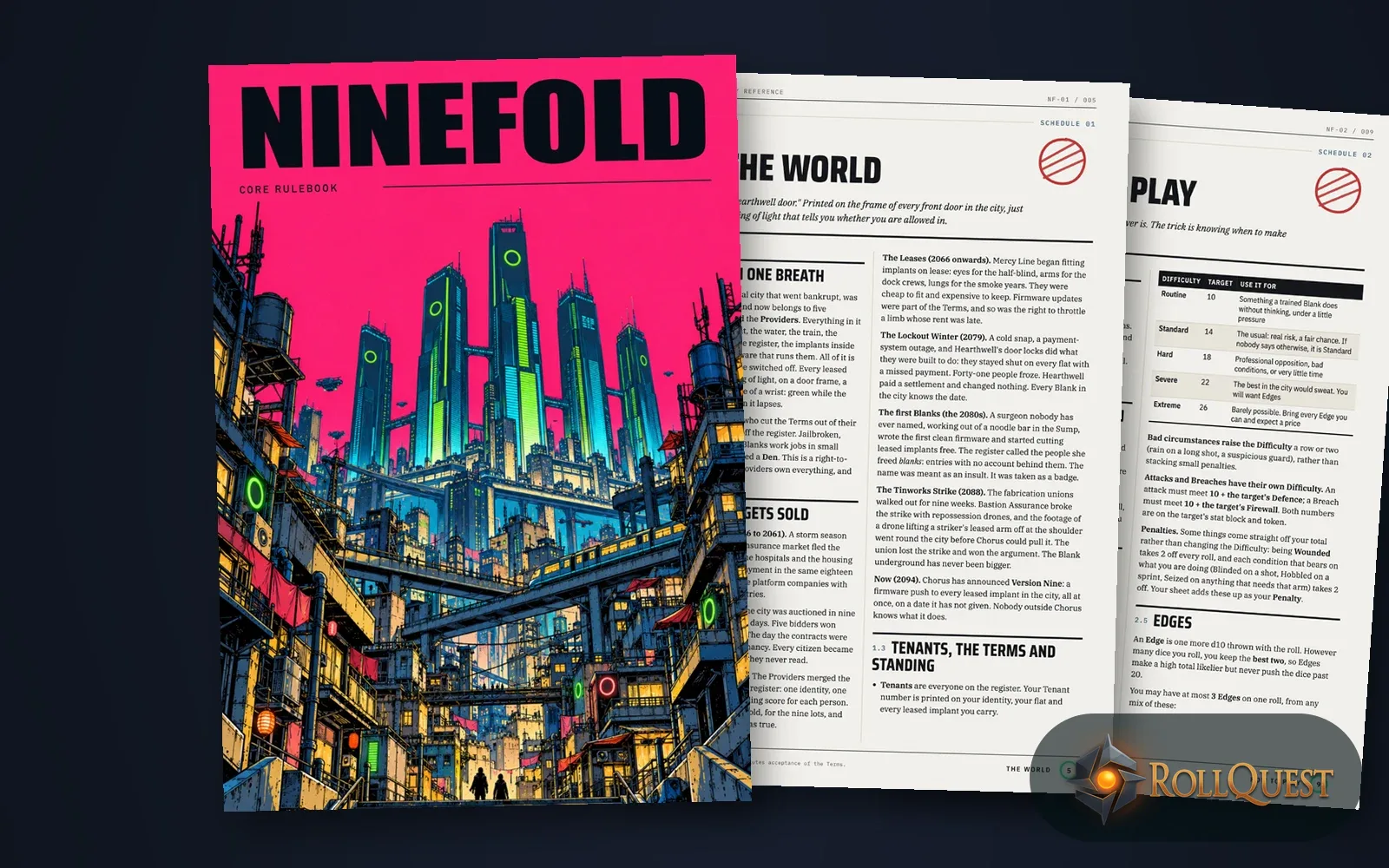 The Ninefold rulebook: its cover, neon-lit towers rising over a stacked city of walkways and water tanks under a hot pink sky, in front of The World chapter and the How to play chapter