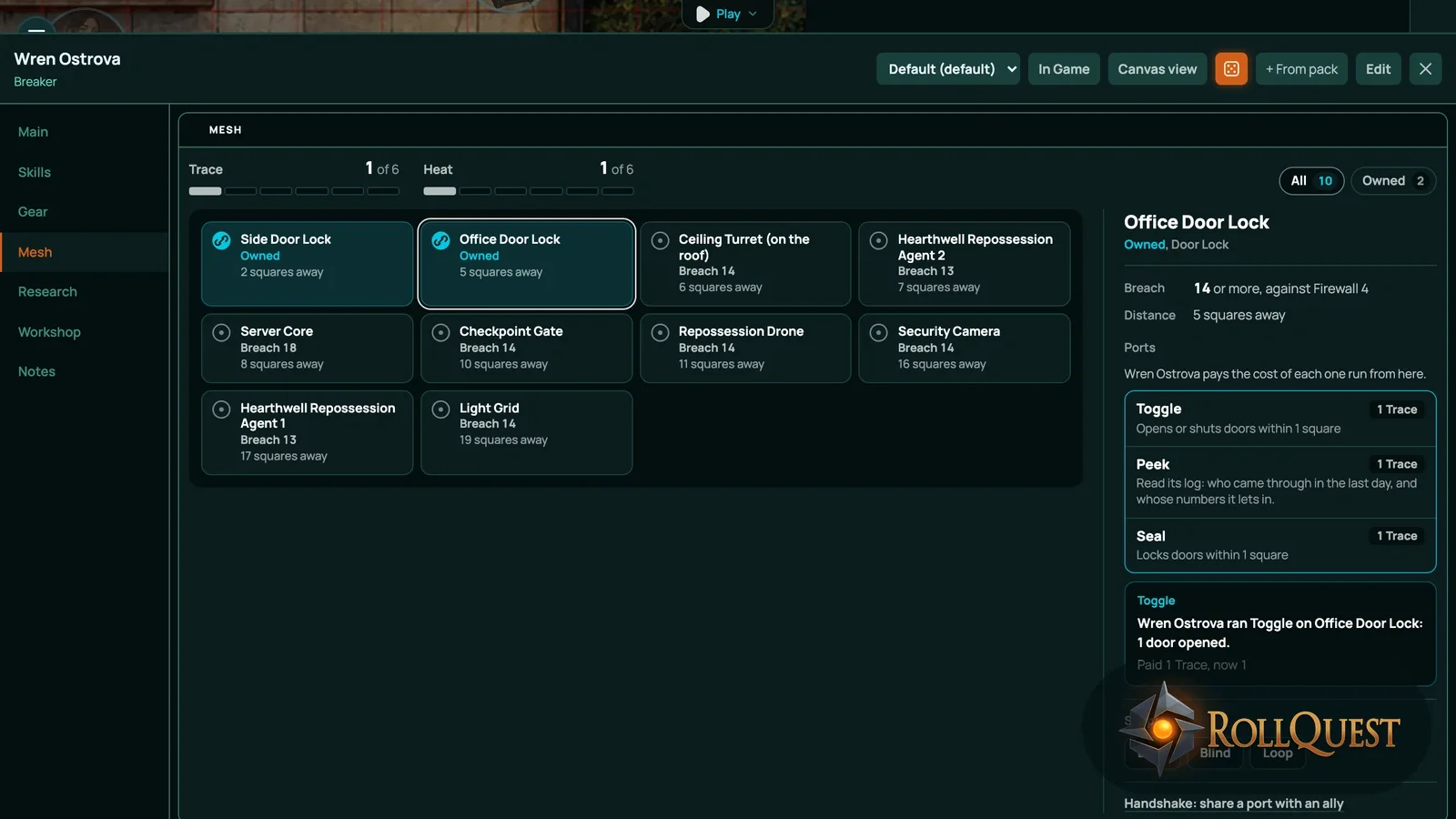 Wren Ostrova's Mesh page in RollQuest: The Repo Yard's ten network nodes with their Breach numbers and distances, the Side Door Lock and Office Door Lock both Owned, and the Office Door Lock's ports, where Toggle has just opened 1 door for 1 Trace
