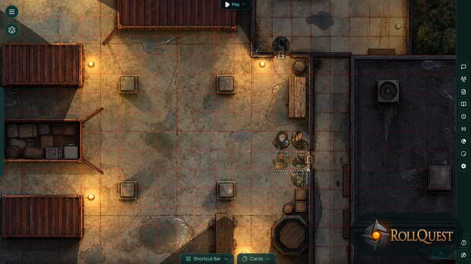 The Repo Yard board in RollQuest at night: lamplit shipping containers, the crew's four tokens by the side door with their Heat and Trace boxes under them, and the Office Door Lock's token on the office door